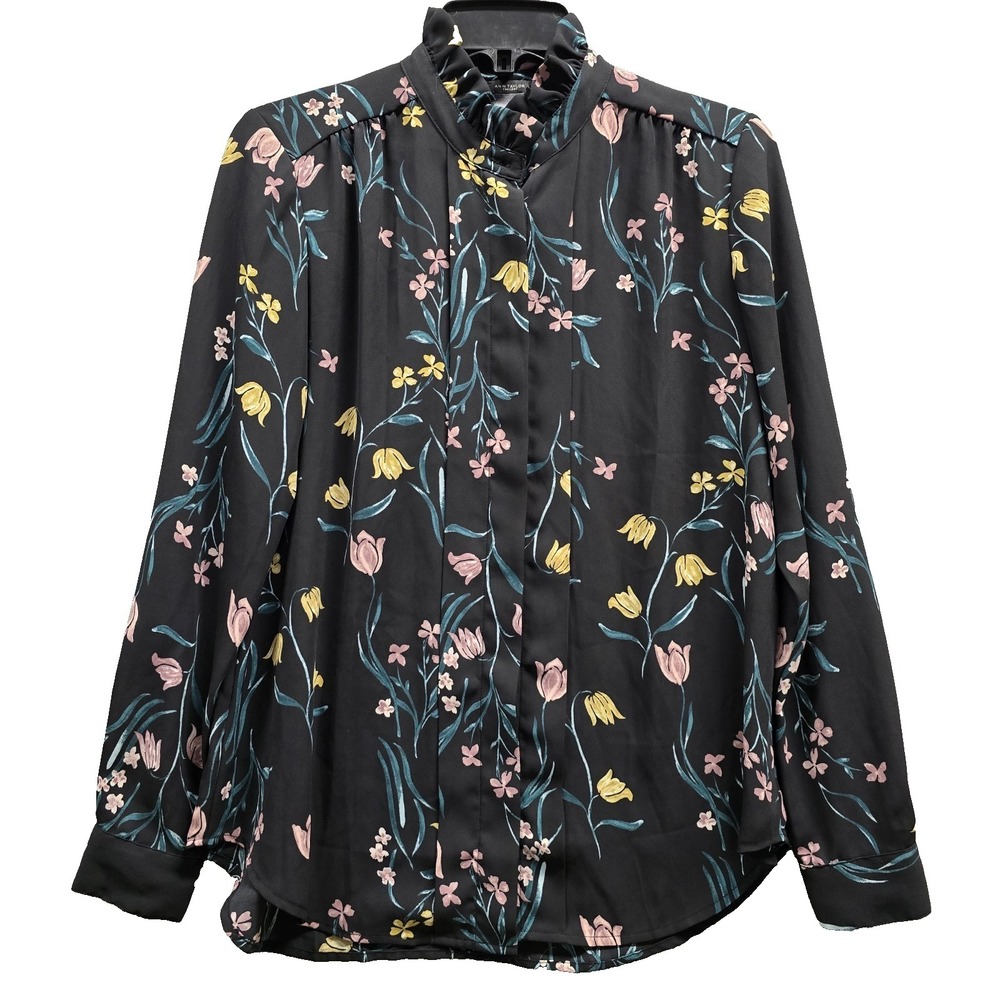 Ann Taylor‎ Women Sz XS Black Floral Button Up Top Chiffon Garden Cottage Fairy